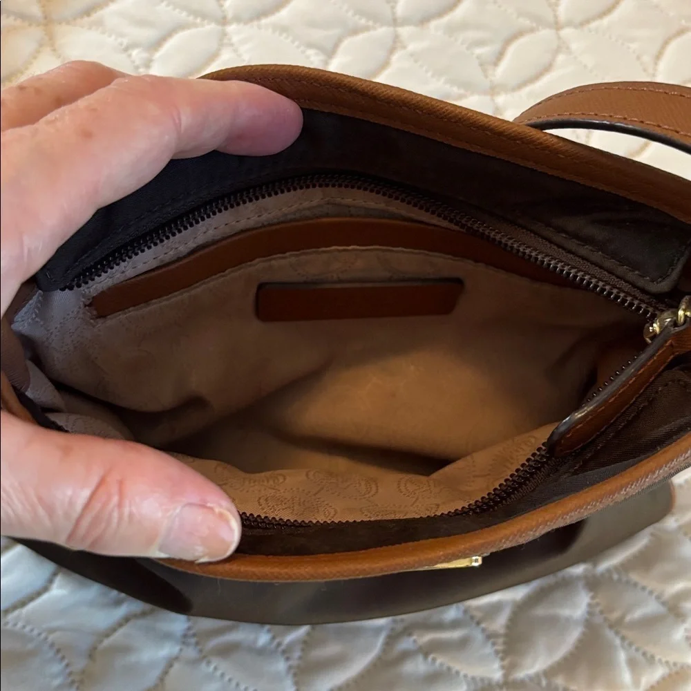 Michael Kors Two Tone Brown Crossbody Bag with Leather and Brass Accents Small